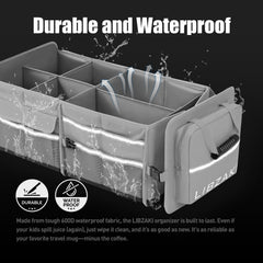 LIBZAKI trunk organizer compartments keep tools and cables neatly separated.