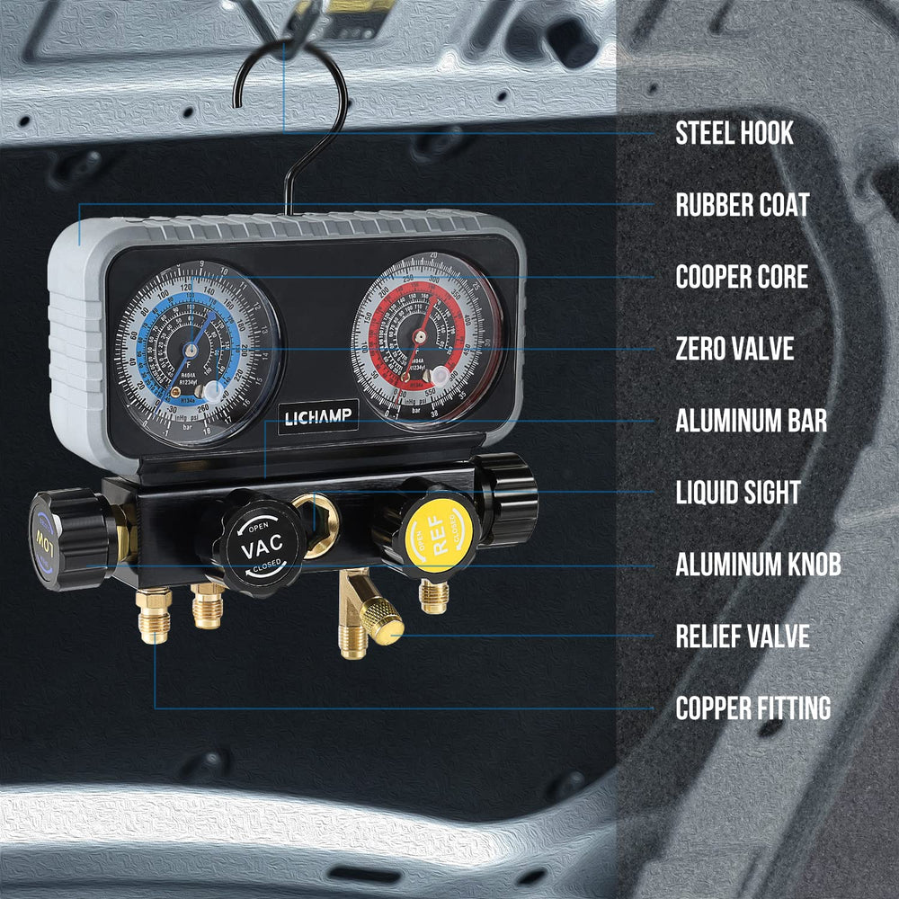 Lichamp four-valve hose assembly supports versatile refrigerant handling.