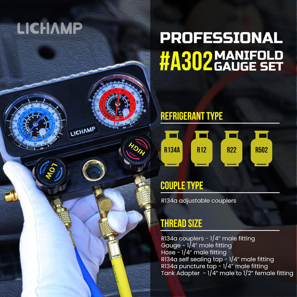 Lichamp AC Gauges hose set shows 5 ft length for flexible, accessible connections.