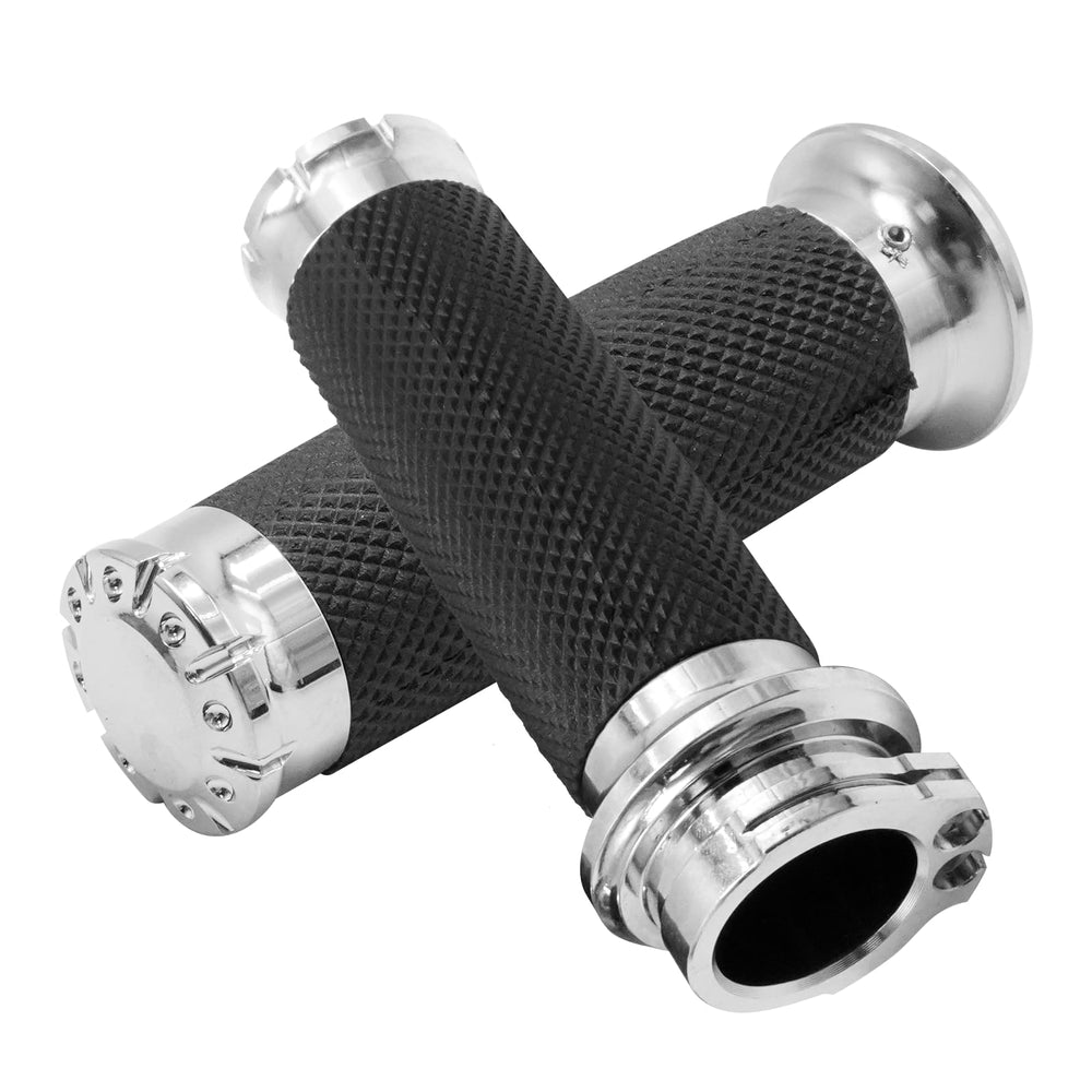 LIDSCURA chrome grips mounted on a motorcycle cockpit with shine.