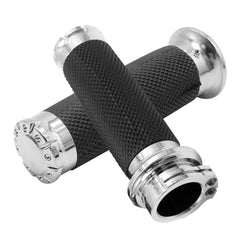 LIDSCURA chrome grips mounted on a motorcycle cockpit with shine.