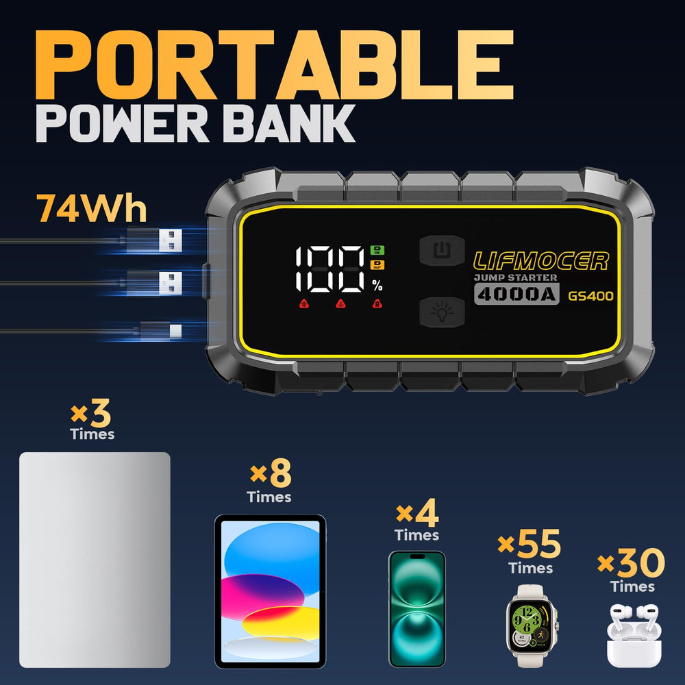 GS400 12V output powering accessories without draining the main battery.