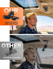 LiftRemote universal vehicle fit clips onto most cars without blocking the mirror view.