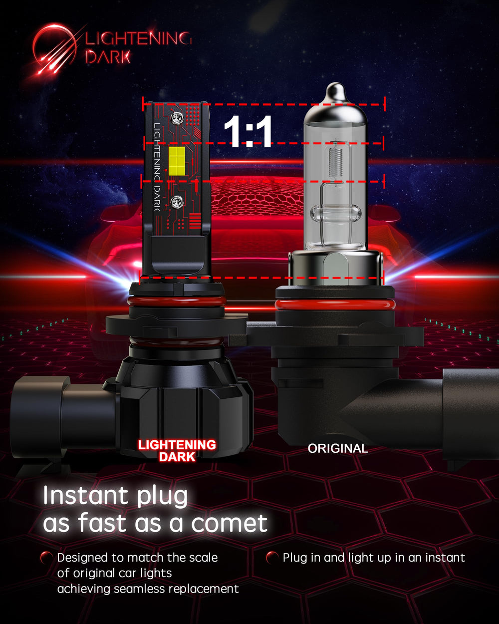 Lightening Dark 9005-9006 fog bulbs offer 360° illumination for fewer blind spots.