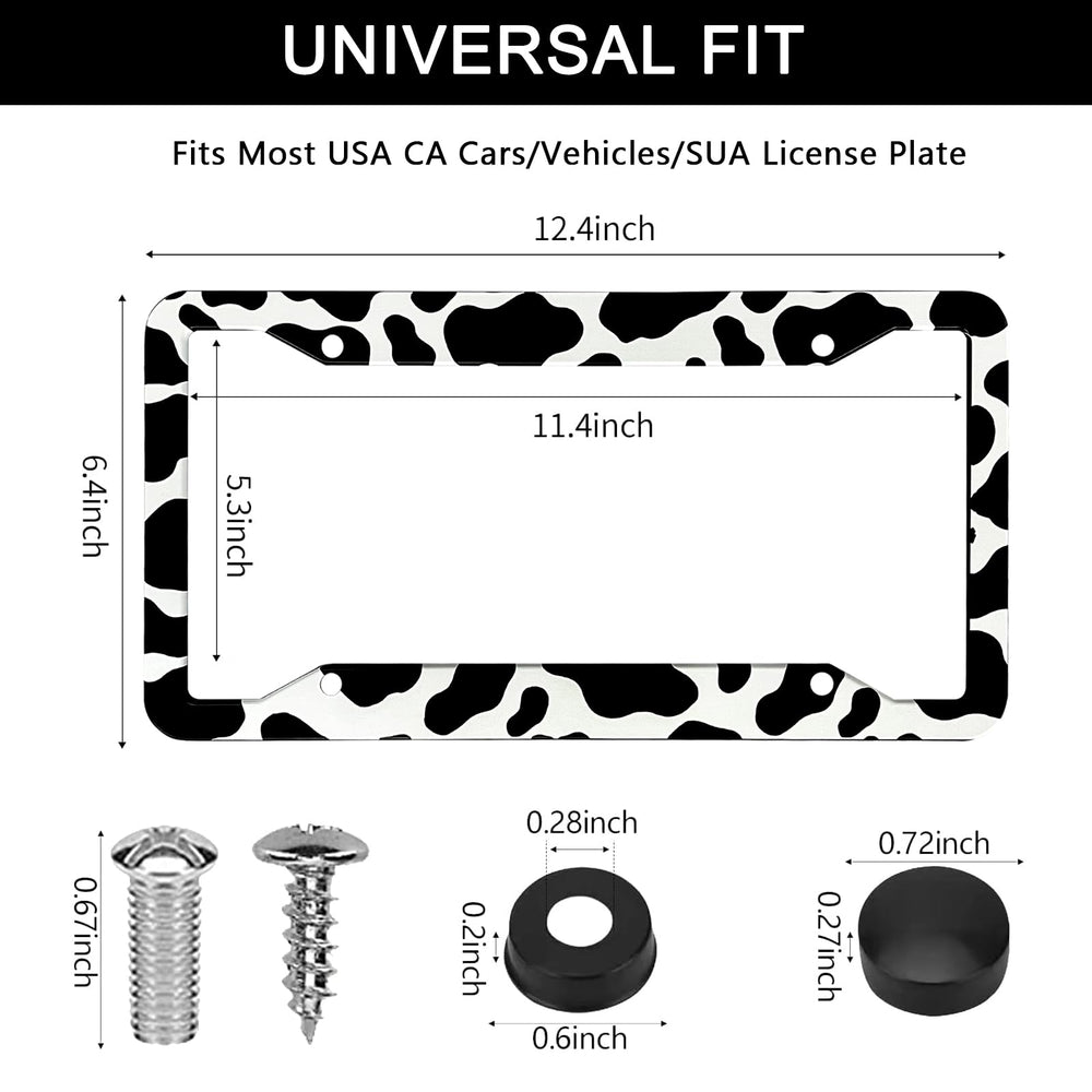LIN KANG cow print license plate frame front view showcases bold styling.