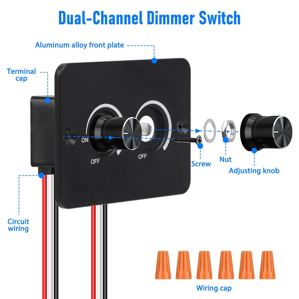 Linkstyle 12V dimmer switch wiring connectors showing red, black, white leads for quick setup.
