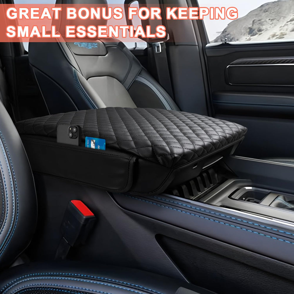 LINOAH center console cover with side pockets close-up highlighting added storage.