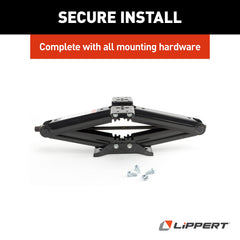 Lippert bow-tie base scissor jack system enhances stability on diverse surfaces.