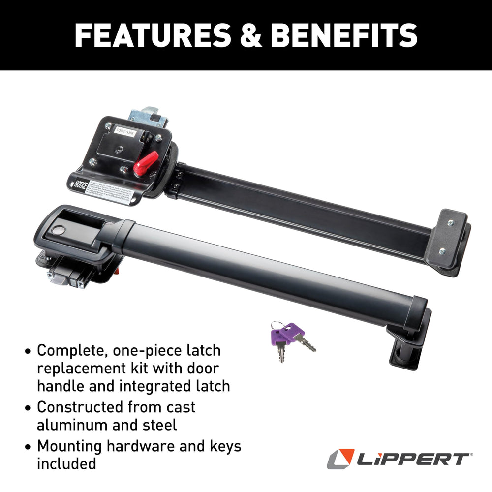 Lippert LatchXtend easy retrofit installation shown on a right-handed RV door.