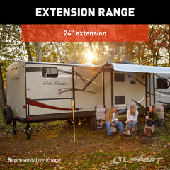 Lippert scissor jack with rust-resistant finish for outdoor RV use.