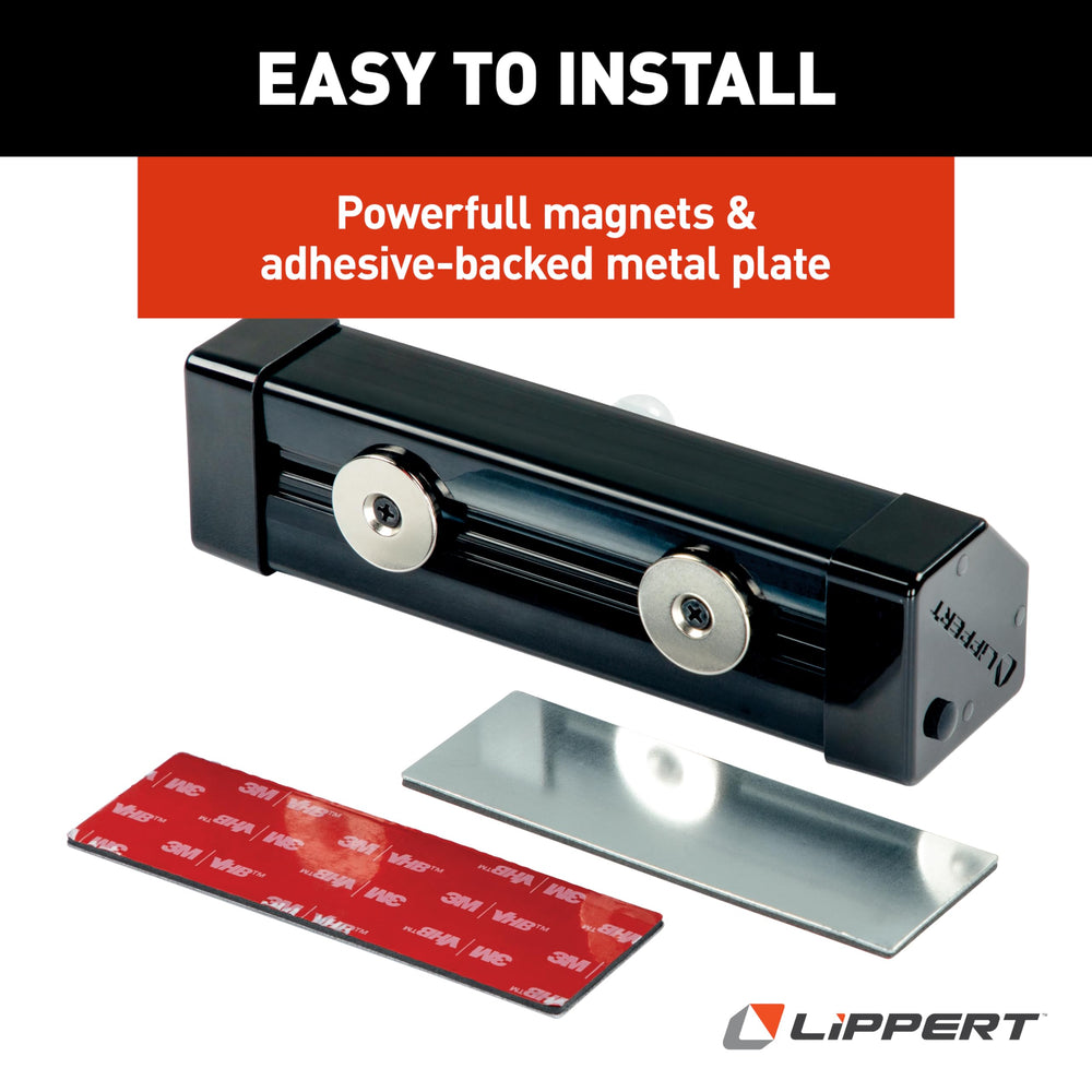 Lippert light includes adhesive plate for non-magnetic mounting.