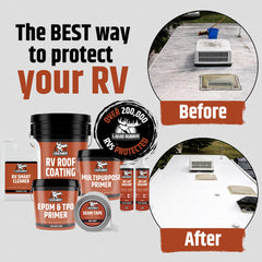 Liquid Rubber RV Roof Coating being applied with a brush on a camper roof