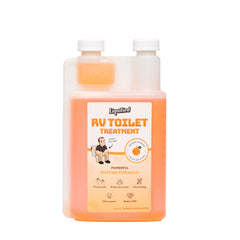 Liquified RV Toilet Treatment bottle 32oz shown upright for easy dosing and odor management.