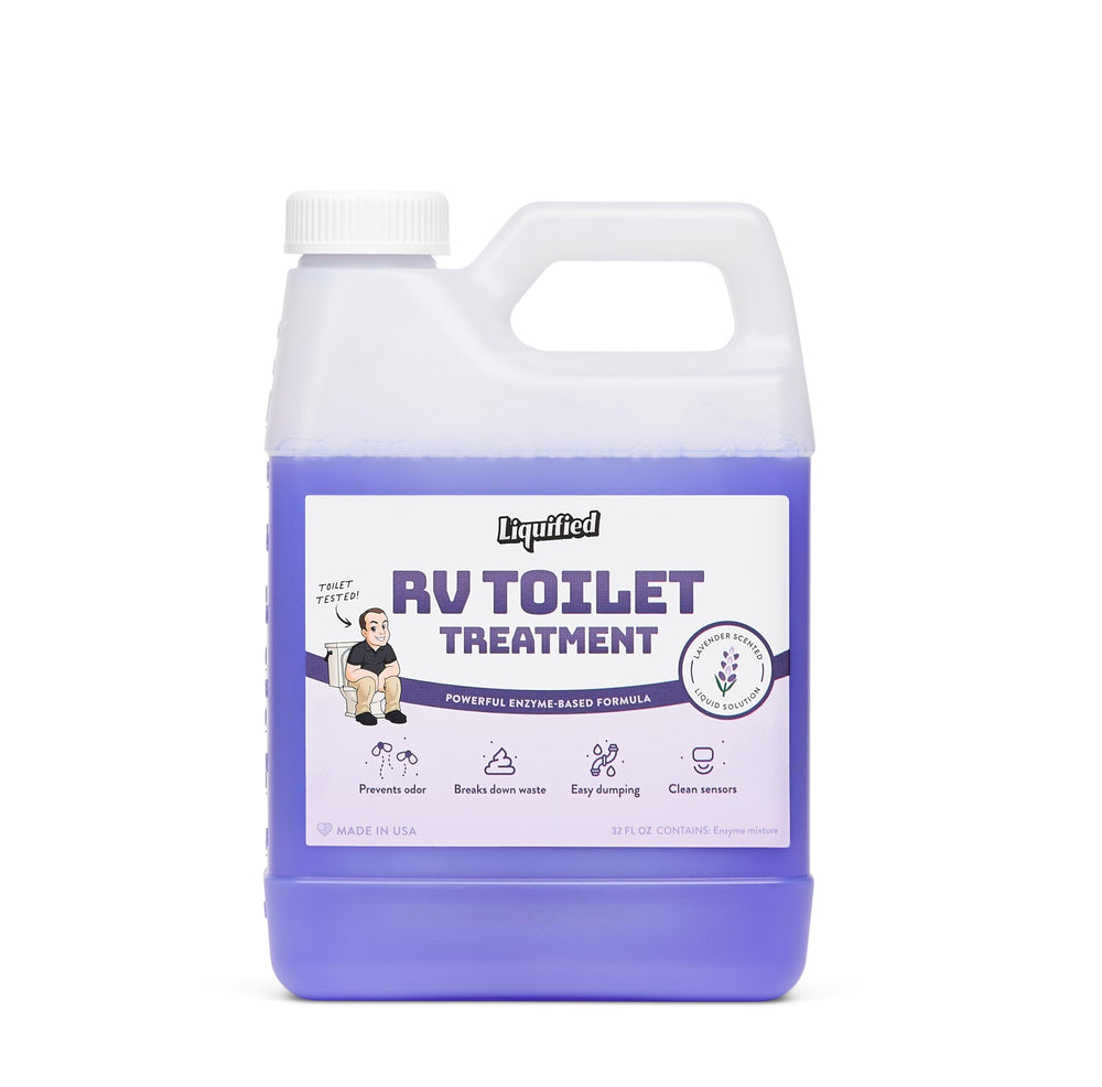 Liquified RV Toilet Treatment bottle front view showing lavender scent for odor control.