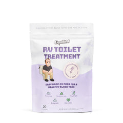 Liquified RV Toilet Treatment drop-in pod with lavender scent for odor control and waste breakdown.