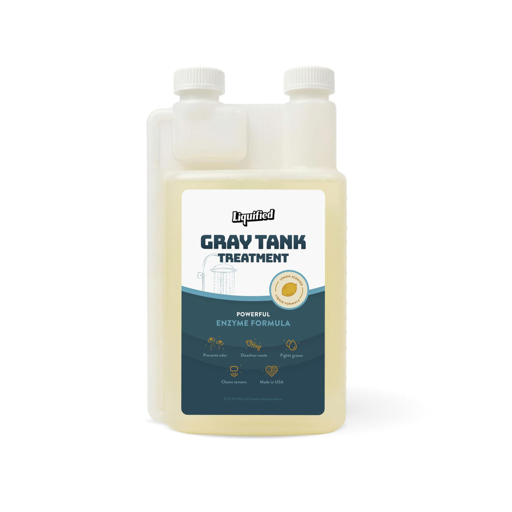 Liquified RV Toilet Treatment bottle demonstrates gray holding tank digestion for easier dumping.