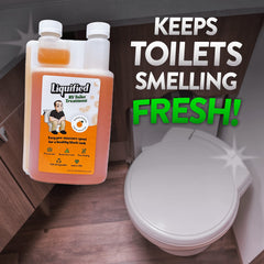 Liquified RV Toilet Treatment made in USA label with flag.