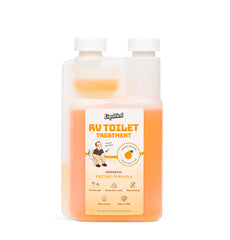 Liquified RV Toilet Treatment orange bottle being poured to liquify waste and toilet paper.