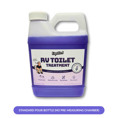 Liquified RV Toilet Treatment being poured into holding tank to speed waste breakdown.