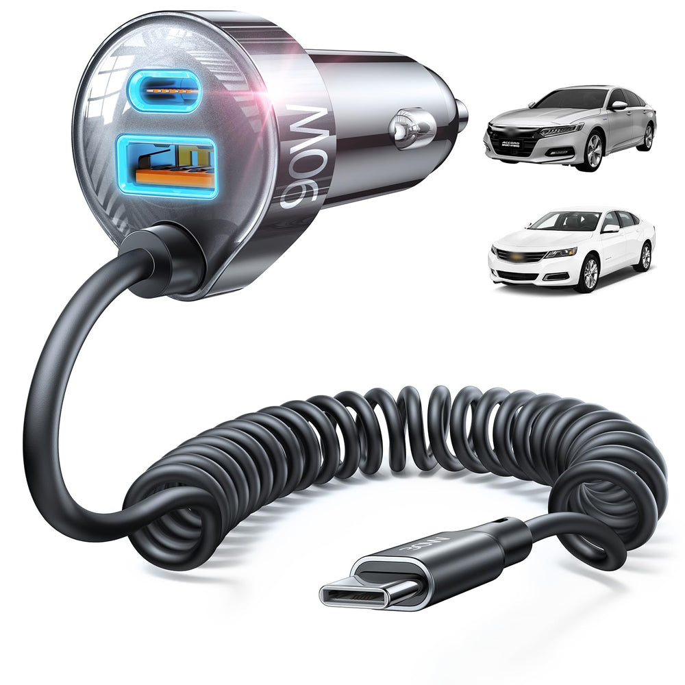LISEN 65W USB-C car charger with coiled cable for fast charging on the go.