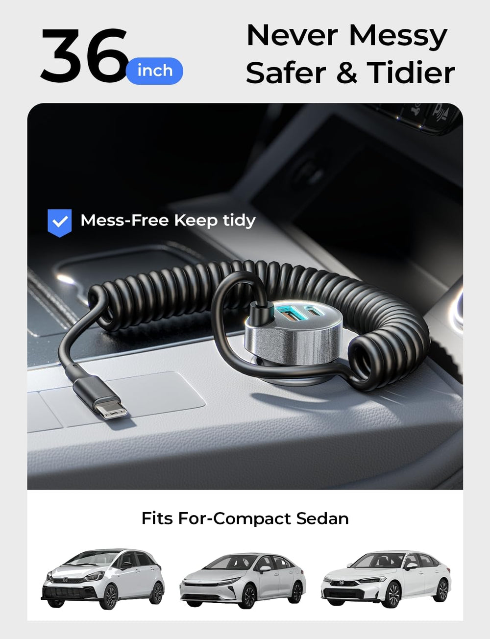 LISEN 90W USB-C coiled cable detail prevents tangles on the road.