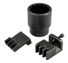 Lisle flywheel locking tool engages Duramax flywheel teeth for secure balancer removal.