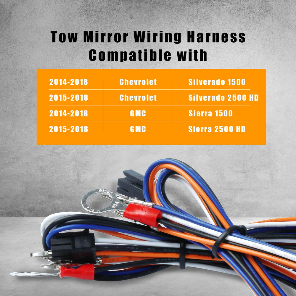 Lisnhlin tow mirrors wiring harness compatibility for Chevy Silverado and GMC Sierra models.