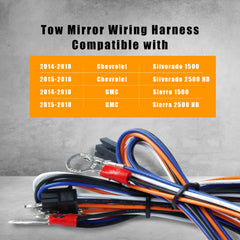 Lisnhlin tow mirrors wiring harness compatibility for Chevy Silverado and GMC Sierra models.