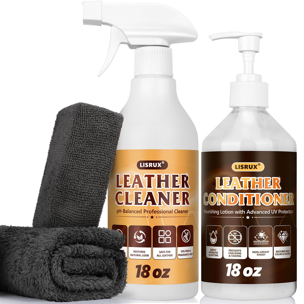 LISRUX leather cleaner kit bottles and towel for safe, effective leather cleaning.