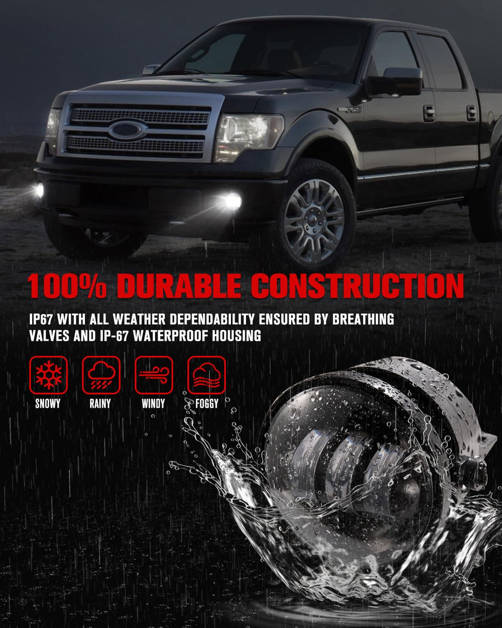 Close-up of LITE-WAY F150 fog light with smoke lens and focused beam