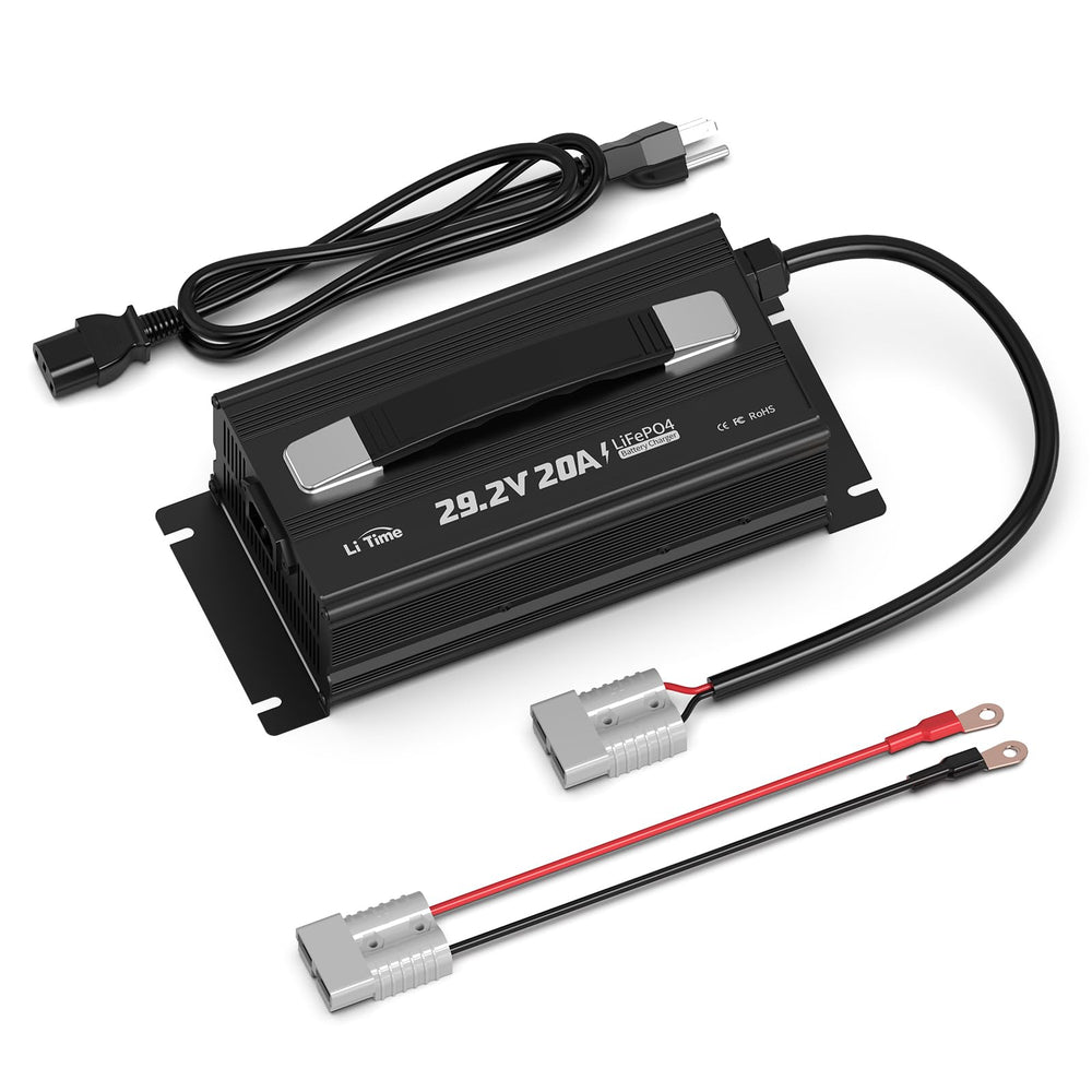 LiTime 24V 20A LiFePO4 charger front view for easy on-site setup