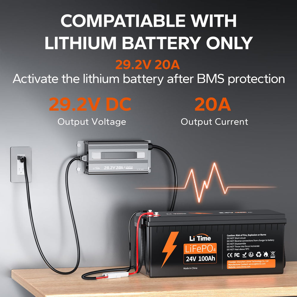 LiTime charger with LED indicators showing charging status clearly