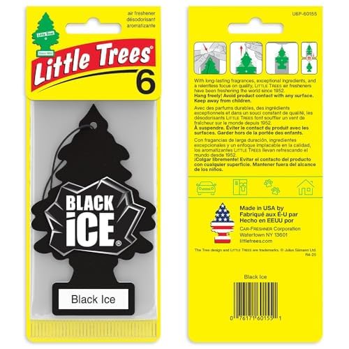 LITTLE TREES Black Ice label close-up showing scent profile for quick recognition.
