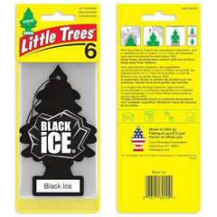 LITTLE TREES Black Ice label close-up showing scent profile for quick recognition.
