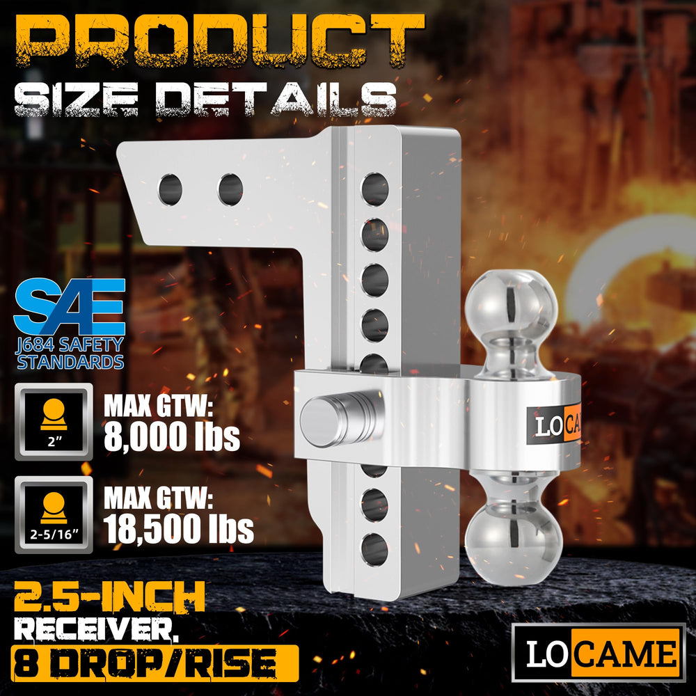 LOCAME 8-inch drop/rise hitch showing versatile alignment