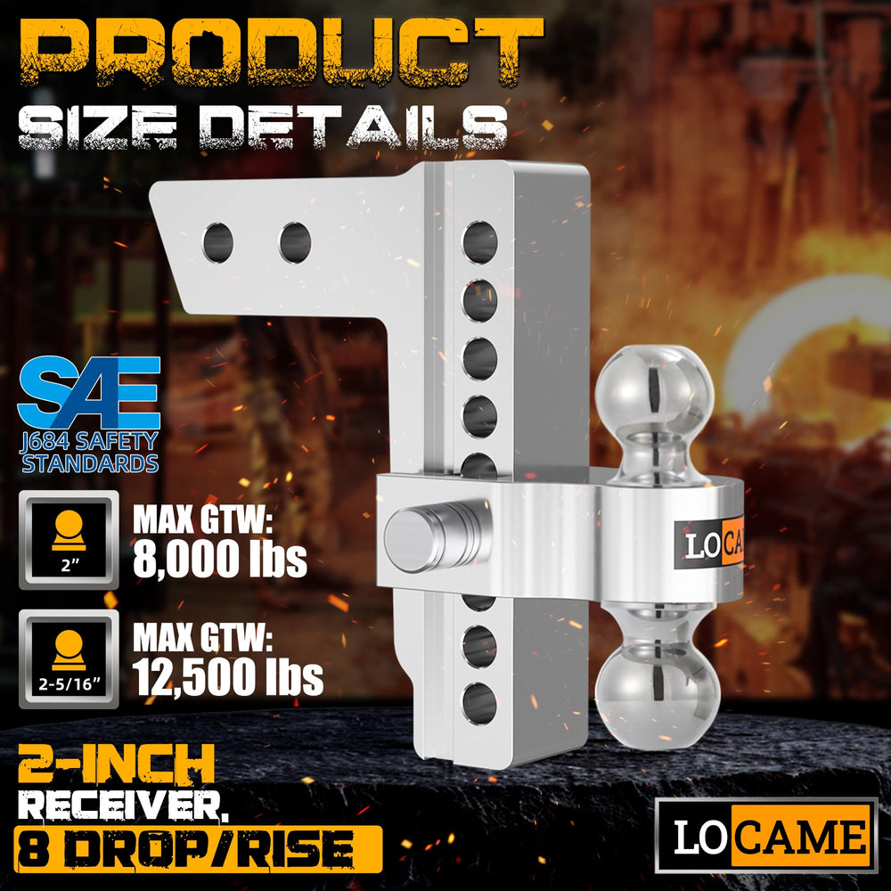 LOCAME aluminum drop hitch with 8-inch rise highlights adjustable towing height.