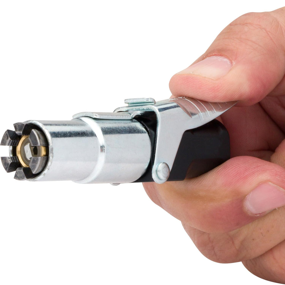 LockNFlate air chuck with 1/4 in NPT threading fits most hoses.