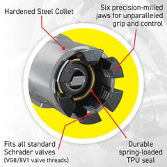 LockNFlate air chuck with hardened seal resists wear during daily inflations.