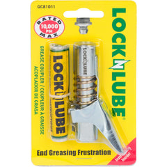 LockNLube grease coupler locks onto zerk fittings for clean, hands-free lubrication.