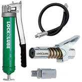 LockNLube lever-grip grease gun with locking coupler delivers leak-free operation