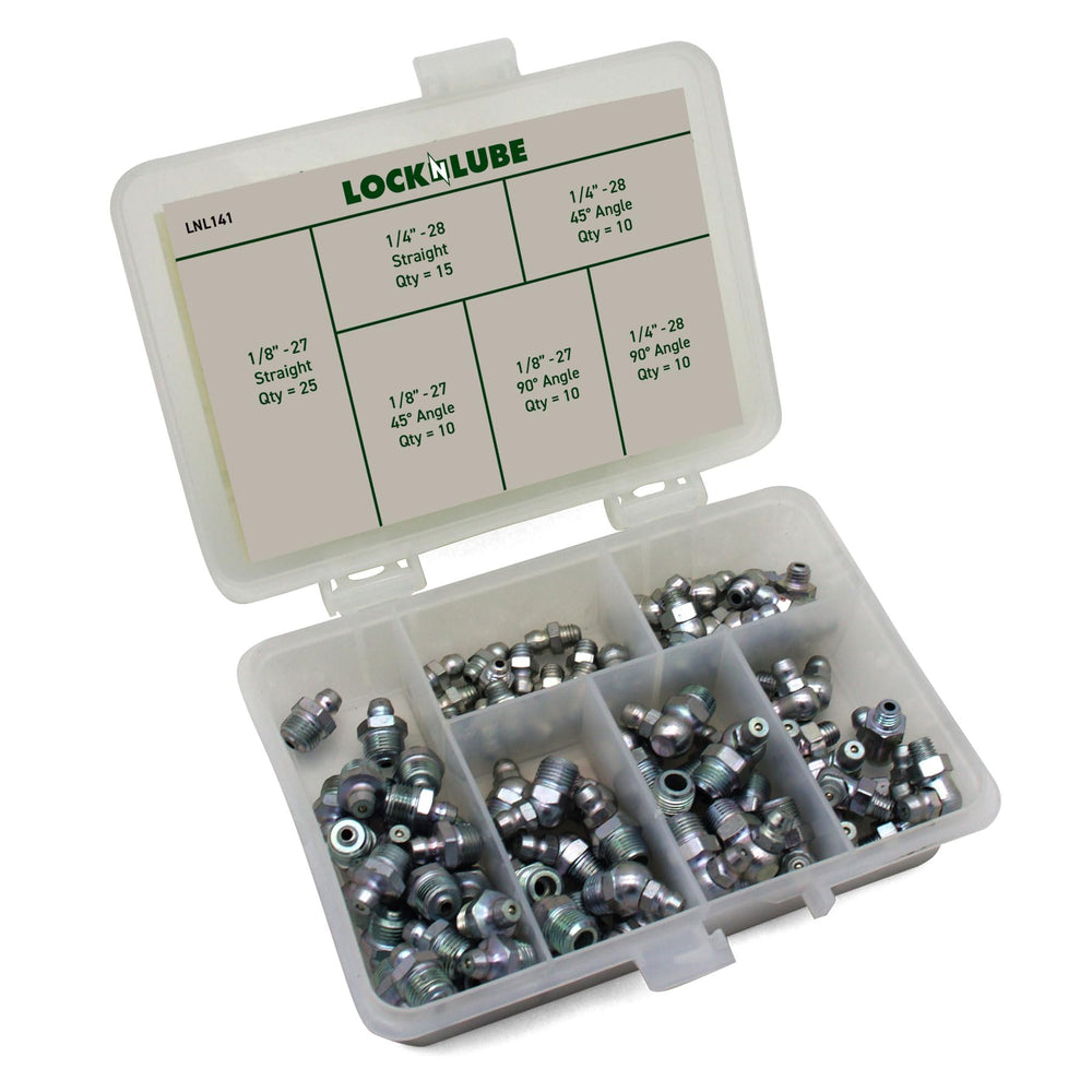 80-piece kit showing wide range of grease fittings in the case