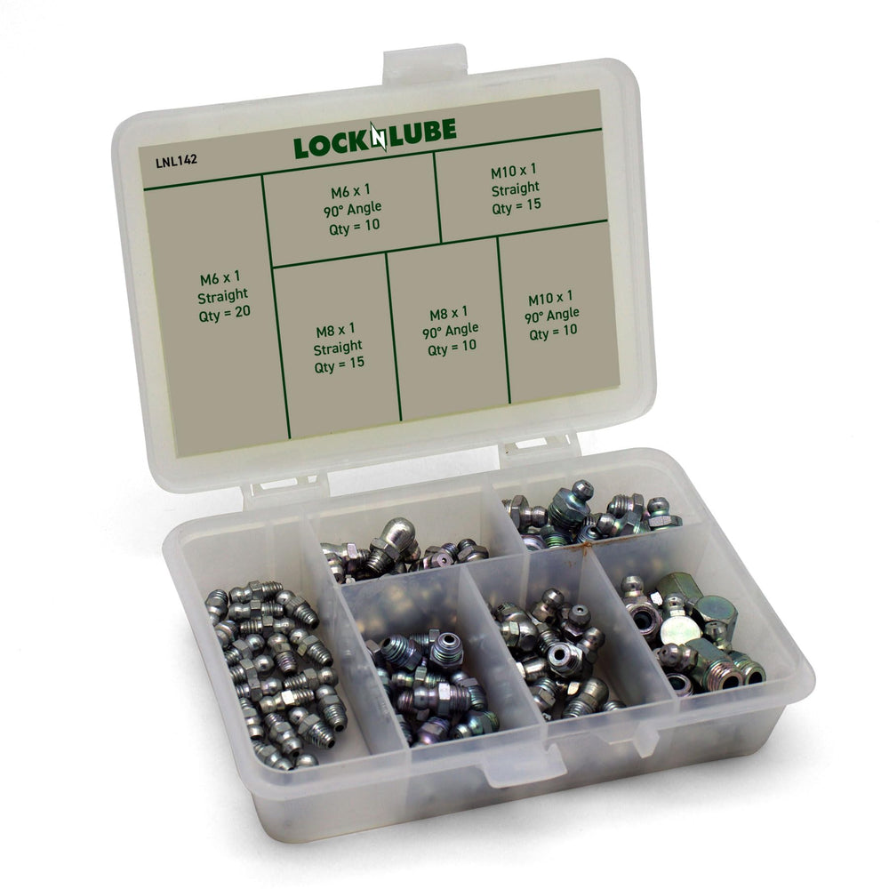 LockNLube metric grease fittings set, M6 90-degree angle, reach tight spaces.