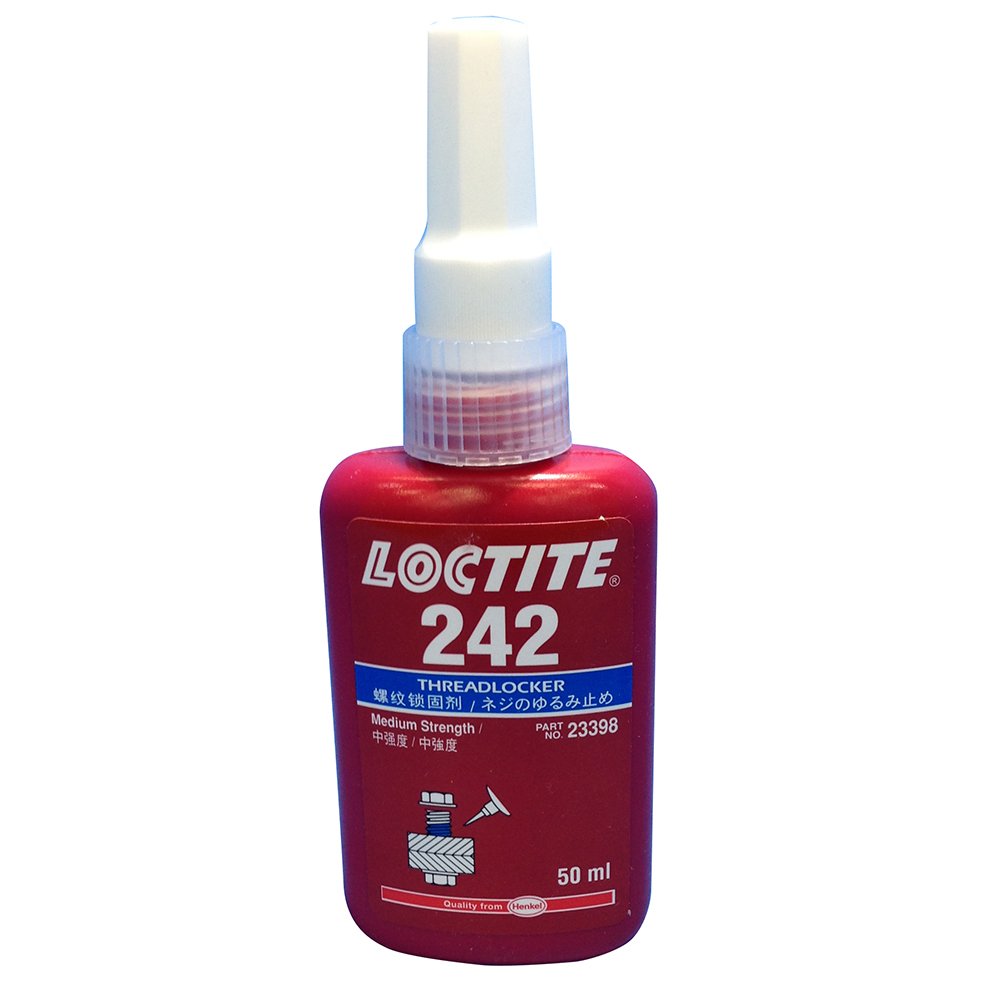Loctite 242 threadlocker blue bottle secures fasteners and resists vibration.