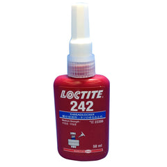 Loctite 242 threadlocker blue bottle secures fasteners and resists vibration.
