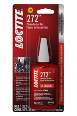 Loctite 37480 272 red high-temperature threadlocker bottle securing metal fasteners for engines
