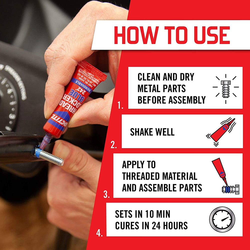 Close-up of Loctite Blue 242 label for clear identification during application.