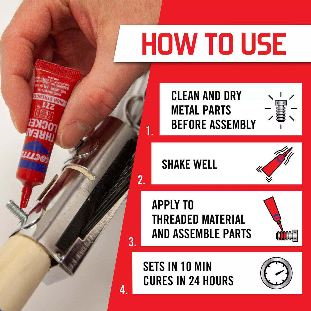 Loctite Threadlocker Red 271 liquid application illustrating quick set for vibration-prone assemblies