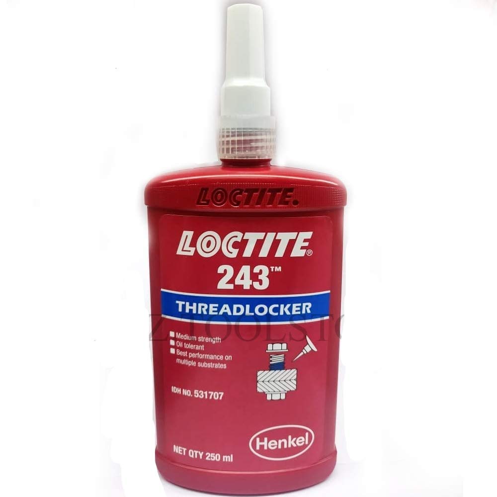 Loctite 243 blue threadlocker bottle for vibration-resistant metal fasteners.