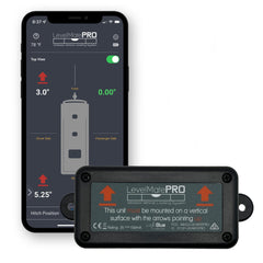 LogicBlue LevelMatePRO app interface shows dual-axis level positions for RV setup.