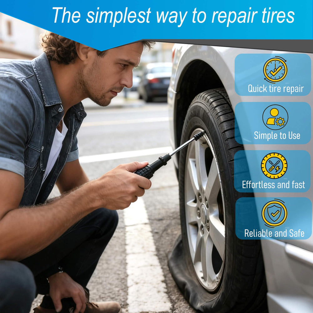 LOGOL tubeless tire repair in use demonstrates plug insertion on the wheel.